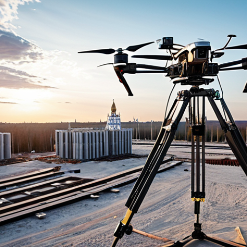 **Prompt:** A high-tech drone rapidly surveying a vast, modern construction site in Russia. The image should visually represent the acquisition of ultra-precise topographic maps and detailed 3D models, perhaps through dynamic light trails or data streams emanating from the drone, illuminating the site. In the background, a subtle, almost faded impression of traditional surveying equipment (theodolites, tripods) highlighting the contrast with outdated methods. The scene emphasizes innovation, speed, and massive cost savings for large-scale Russian projects. Bright, efficient lighting, showcasing technological advancement.