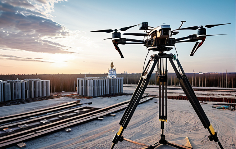 **Prompt:** A high-tech drone rapidly surveying a vast, modern construction site in Russia. The image should visually represent the acquisition of ultra-precise topographic maps and detailed 3D models, perhaps through dynamic light trails or data streams emanating from the drone, illuminating the site. In the background, a subtle, almost faded impression of traditional surveying equipment (theodolites, tripods) highlighting the contrast with outdated methods. The scene emphasizes innovation, speed, and massive cost savings for large-scale Russian projects. Bright, efficient lighting, showcasing technological advancement.