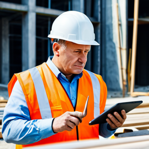 A professional construction project manager, a mature man with a focused expression, wearing a modest hard hat and a high-visibility safety vest, meticulously inspecting blueprints on a digital tablet at a large-scale construction site in a modern Russian city. He is fully clothed in appropriate attire. In the background, well-formed construction workers are diligently performing their tasks. The scene emphasizes attention to detail and traditional quality control. Perfect anatomy, correct proportions, natural pose, well-formed hands, proper finger count, natural body proportions. Professional photography, high quality, safe for work, appropriate content, family-friendly.