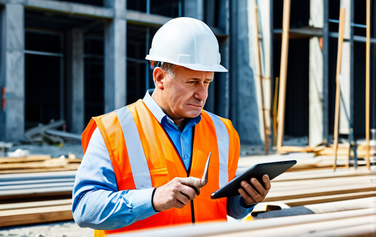 A professional construction project manager, a mature man with a focused expression, wearing a modest hard hat and a high-visibility safety vest, meticulously inspecting blueprints on a digital tablet at a large-scale construction site in a modern Russian city. He is fully clothed in appropriate attire. In the background, well-formed construction workers are diligently performing their tasks. The scene emphasizes attention to detail and traditional quality control. Perfect anatomy, correct proportions, natural pose, well-formed hands, proper finger count, natural body proportions. Professional photography, high quality, safe for work, appropriate content, family-friendly.