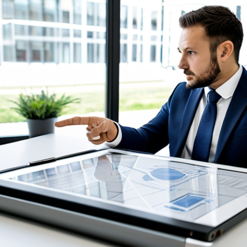 A professional male architect in a modest business suit, seated at a modern desk in a bright office, engaged in a focused discussion with a client while pointing at blueprints on a large tablet. The office is clean and well-lit, with architectural models and material samples subtly visible in the background. fully clothed, appropriate attire, perfect anatomy, correct proportions, natural pose, well-formed hands, proper finger count, natural body proportions, professional photography, high quality, safe for work, appropriate content, professional.
