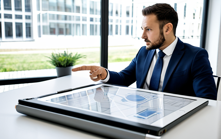 A professional male architect in a modest business suit, seated at a modern desk in a bright office, engaged in a focused discussion with a client while pointing at blueprints on a large tablet. The office is clean and well-lit, with architectural models and material samples subtly visible in the background. fully clothed, appropriate attire, perfect anatomy, correct proportions, natural pose, well-formed hands, proper finger count, natural body proportions, professional photography, high quality, safe for work, appropriate content, professional.