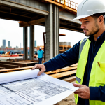 A construction site supervisor in a hard hat, fully clothed in work attire, reviewing blueprints with a team. The scene is a bustling construction site with various equipment and workers in the background. Perfect anatomy, correct proportions, professional setting, safe for work, appropriate content, family-friendly.