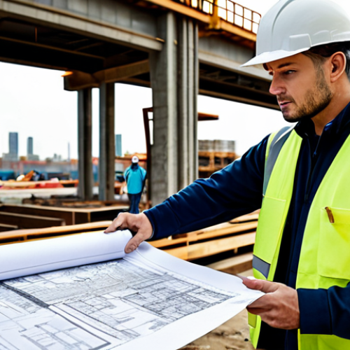 A construction site supervisor in a hard hat, fully clothed in work attire, reviewing blueprints with a team. The scene is a bustling construction site with various equipment and workers in the background. Perfect anatomy, correct proportions, professional setting, safe for work, appropriate content, family-friendly.