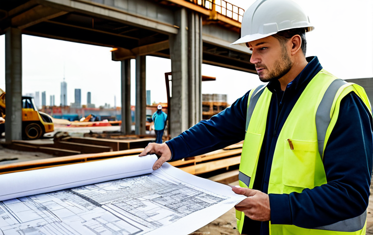 A construction site supervisor in a hard hat, fully clothed in work attire, reviewing blueprints with a team. The scene is a bustling construction site with various equipment and workers in the background. Perfect anatomy, correct proportions, professional setting, safe for work, appropriate content, family-friendly.
