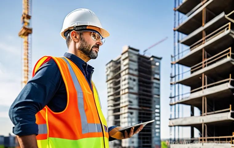 시공 분야 직무 적성 검사 소개 - **Prompt:** A diverse team of four construction professionals (two males, two females, 30s-40s, wear...