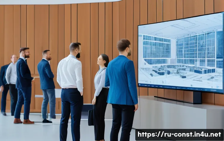 건축 시공 관련 협회 및 모임 소개 - A professional construction community meeting in a modern conference hall in Moscow, featuring diver...