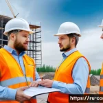 건축 시공 프로젝트 성공 사례 - A detailed construction site scene in Russia featuring a diverse team of engineers and workers in sa...