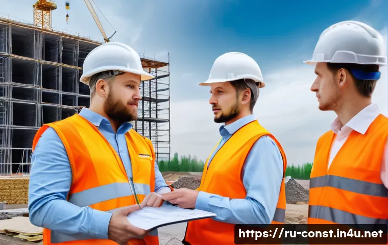 건축 시공 프로젝트 성공 사례 - A detailed construction site scene in Russia featuring a diverse team of engineers and workers in sa...