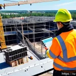 건설 현장 안전 관리 사례 - A high-tech construction site scene featuring a drone equipped with high-resolution cameras and ther...