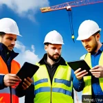 건축 시공 현장에서의 협업 문화 - A detailed construction site scene in Russia featuring a diverse team of workers wearing safety helm...