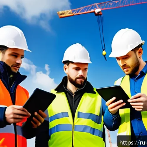 건축 시공 현장에서의 협업 문화 - A detailed construction site scene in Russia featuring a diverse team of workers wearing safety helm...