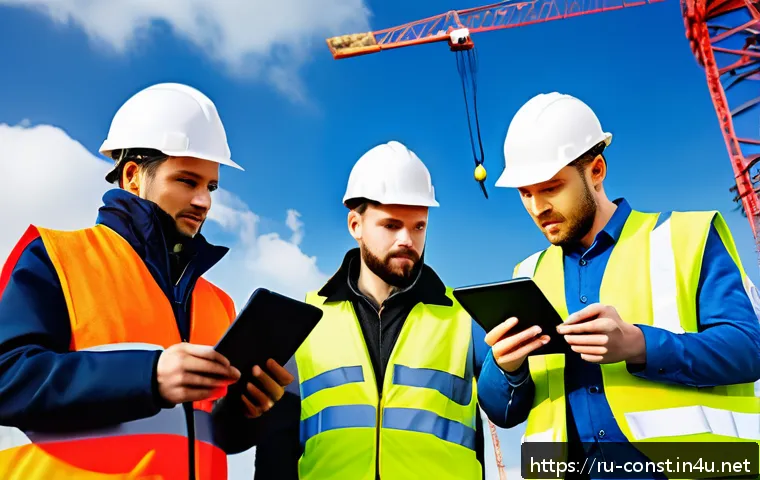 건축 시공 현장에서의 협업 문화 - A detailed construction site scene in Russia featuring a diverse team of workers wearing safety helm...