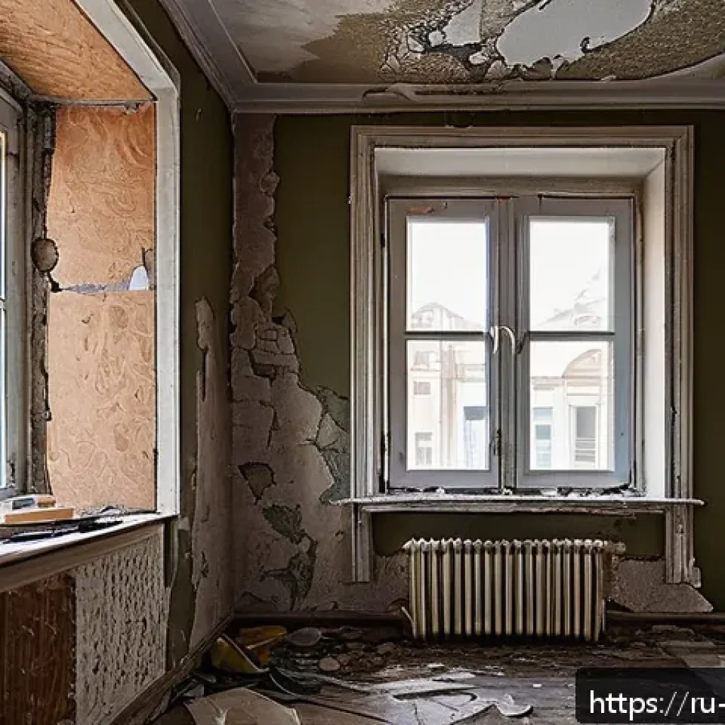 시공 전문가의 자가 진단 체크리스트 - A detailed interior scene of a mid-sized Russian apartment room undergoing renovation preparation: a...