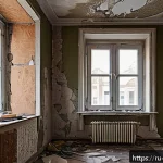 시공 전문가의 자가 진단 체크리스트 - A detailed interior scene of a mid-sized Russian apartment room undergoing renovation preparation: a...