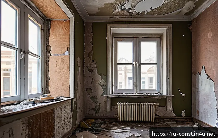 시공 전문가의 자가 진단 체크리스트 - A detailed interior scene of a mid-sized Russian apartment room undergoing renovation preparation: a...