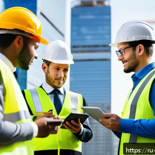 건축 시공 실무자들의 커리어 업 사례 - A diverse group of construction professionals collaborating on a building site, wearing safety helme...