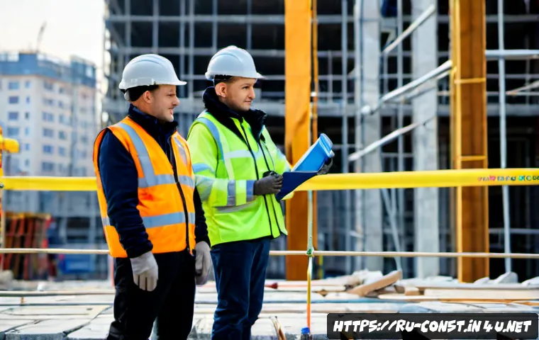 Home 17 건축 시공 분야의 직업윤리 - Photorealistic construction site in a modern Russian city, a senior site engineer in clean safety ge...