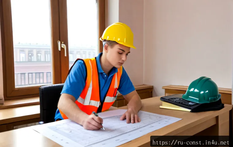 Home 17 건축기사 자격증 취득 팁 - Photorealistic Russian construction engineering student preparing for a professional certification e...
