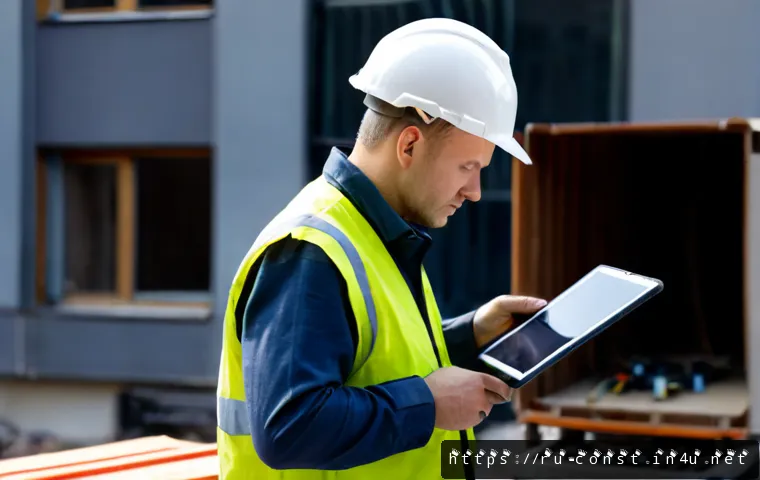 시공 현장 관리 도구 추천 - Photorealistic construction site supervisor in a reflective safety vest and hard hat using a rugged ...